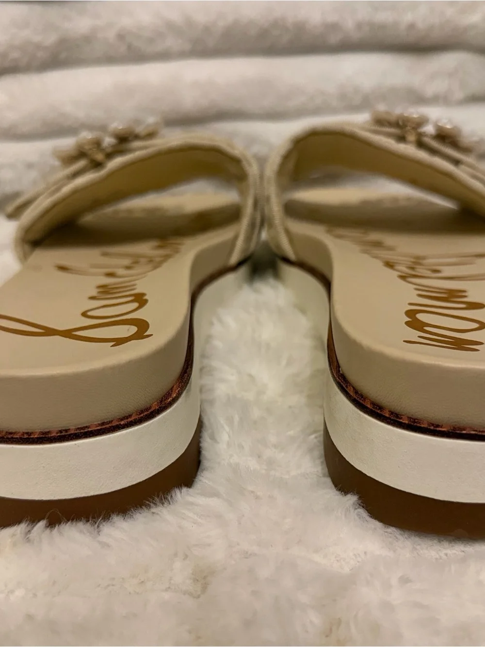 Sam Edelman Beige Lace Pearl-Buckle Slide Mules - Picture 6 of 9